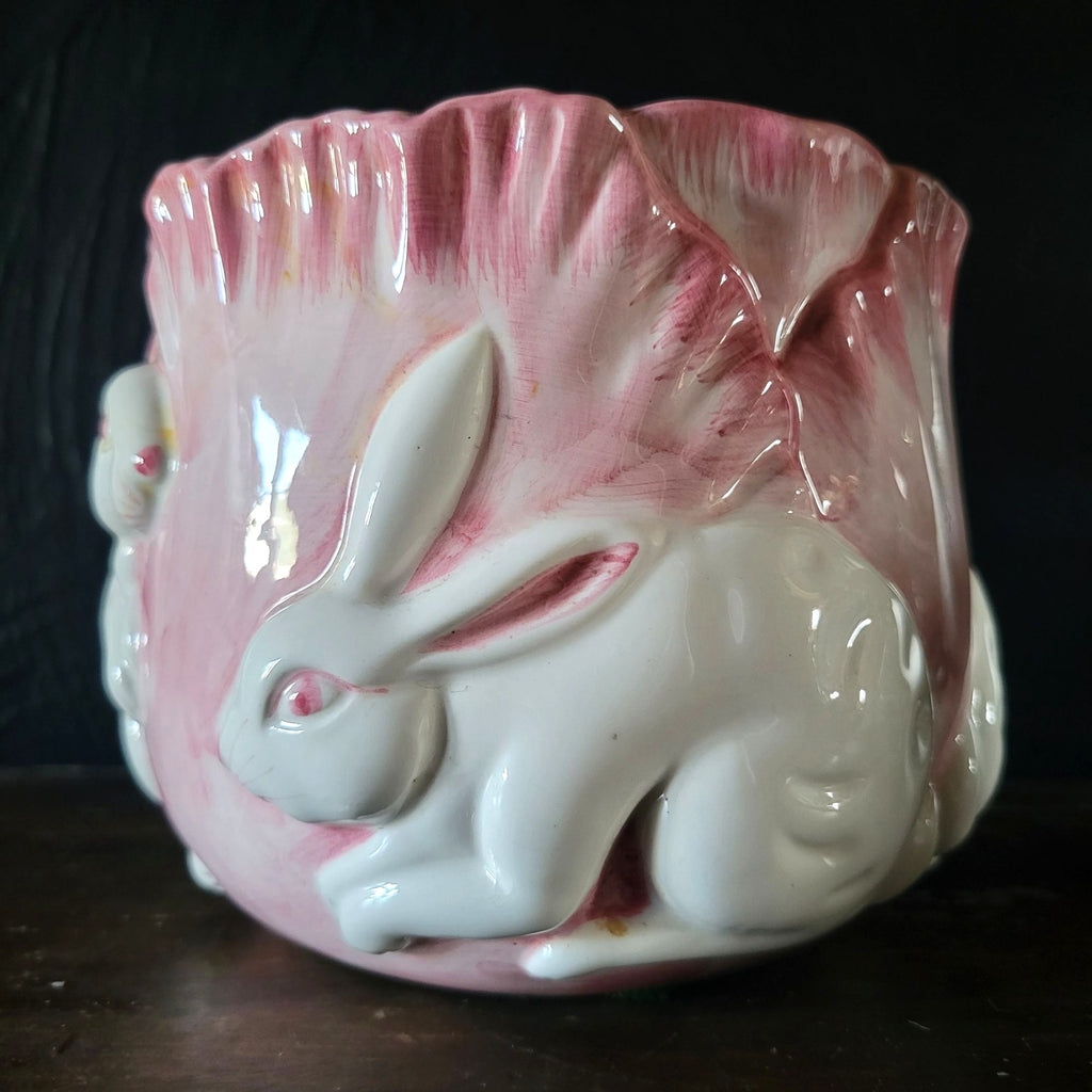 Vintage Ceramic Rabbit Pink Cabbage Planter Bunny Cachepot 4.5" Tall