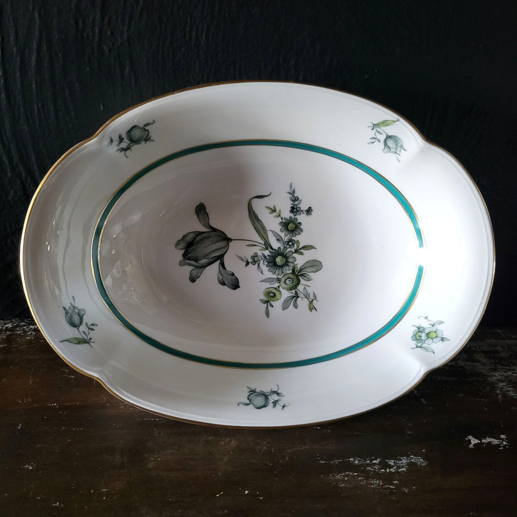 Vintage Royal Bayreuth Teal Tulip 9" Oval Vegetable Bowl Floral Design Gold Trim