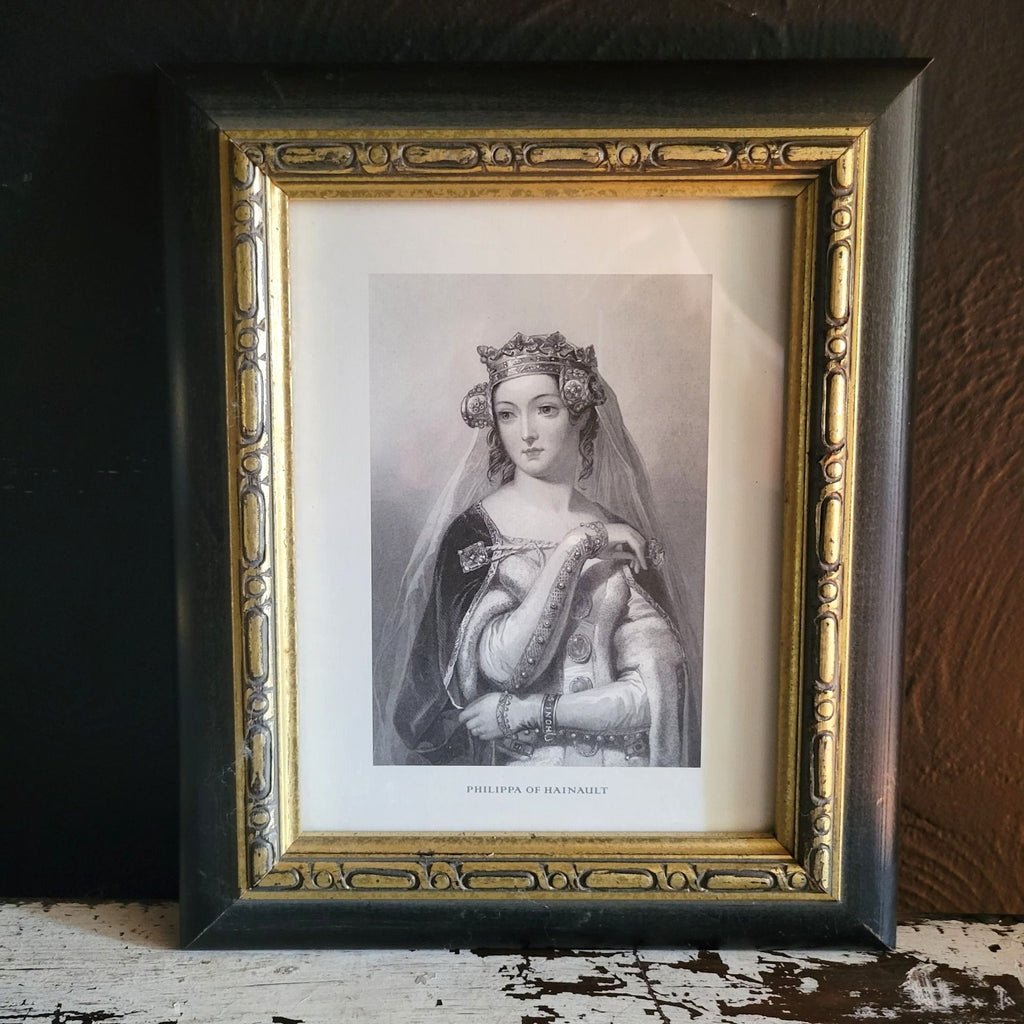 Vintage Framed Philippa Of Hainault Portrait Print With Black & Gold Wood Frame