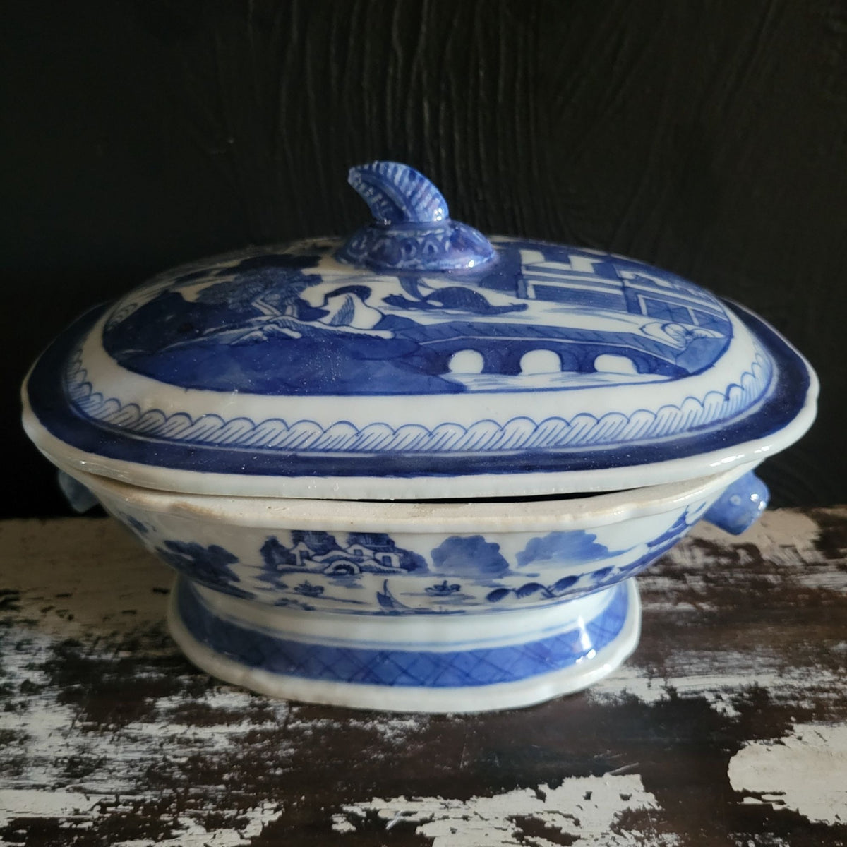 Antique Chinese Canton Blue & White Porcelain Tureen With Boar Heads *Read