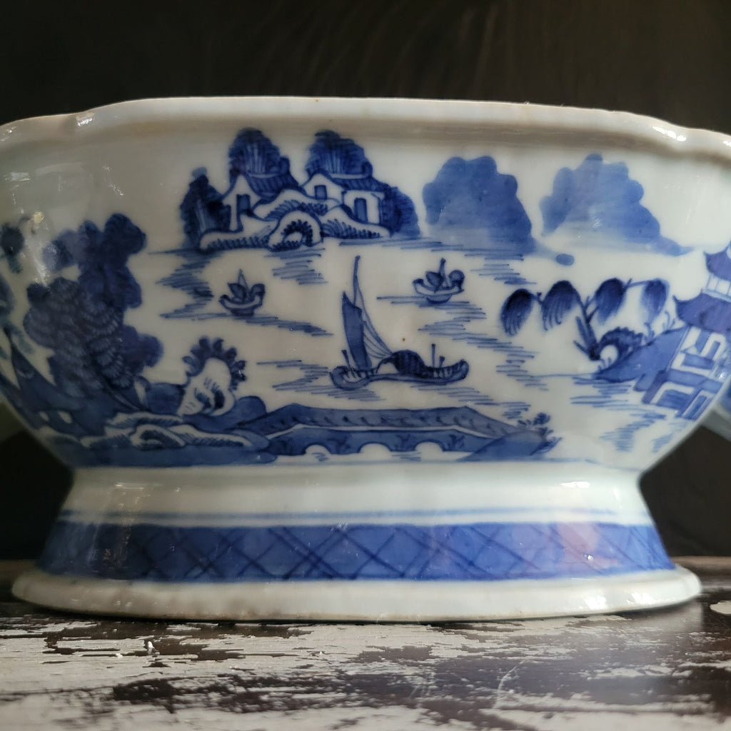 Antique Chinese Canton Blue & White Porcelain Tureen With Boar Heads *Read
