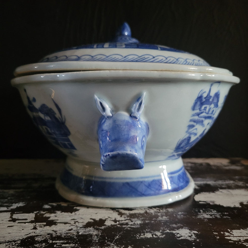 Antique Chinese Canton Blue & White Porcelain Tureen With Boar Heads *Read
