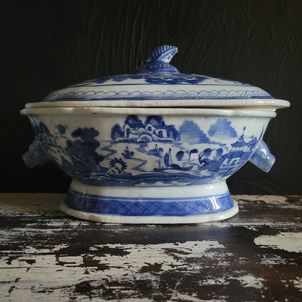 Antique Chinese Canton Blue & White Porcelain Tureen With Boar Heads *Read