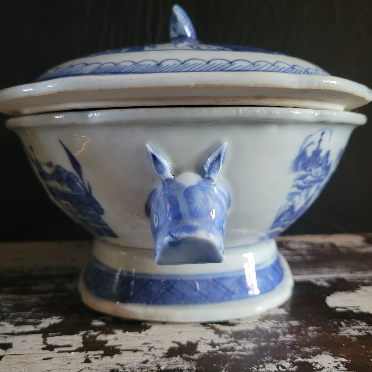 Antique Chinese Canton Blue & White Porcelain Tureen With Boar Heads *Read