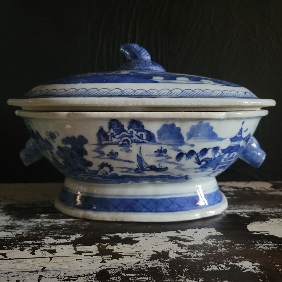 Antique Chinese Canton Blue & White Porcelain Tureen With Boar Heads *Read