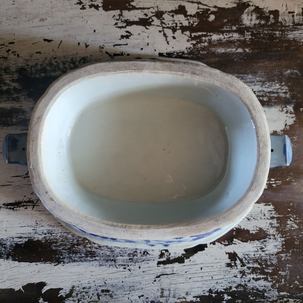 Antique Chinese Canton Blue & White Porcelain Tureen With Boar Heads *Read