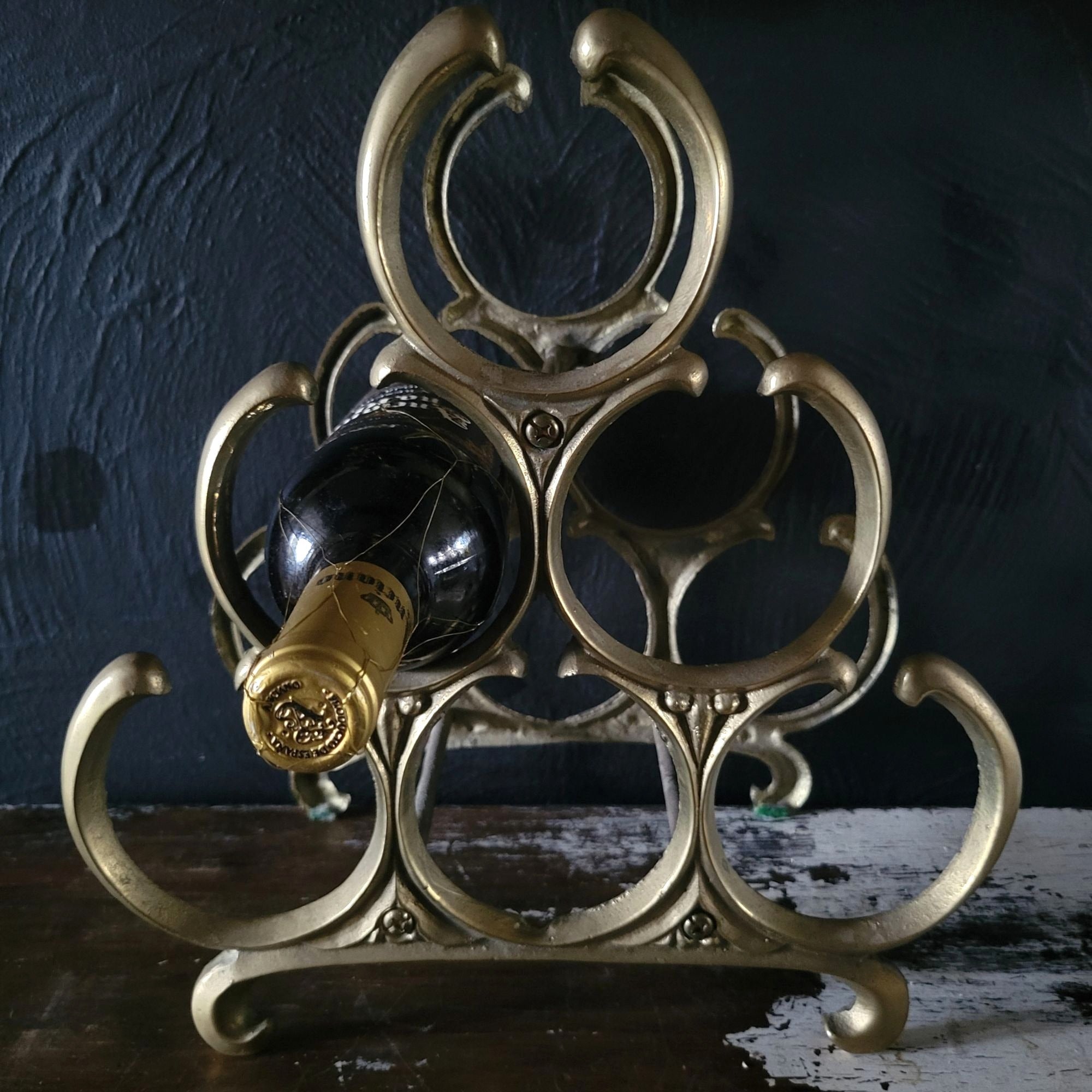 Vintage 6-Bottle Tabletop Brass Wine Rack With Ornate Circular Ring Holders
