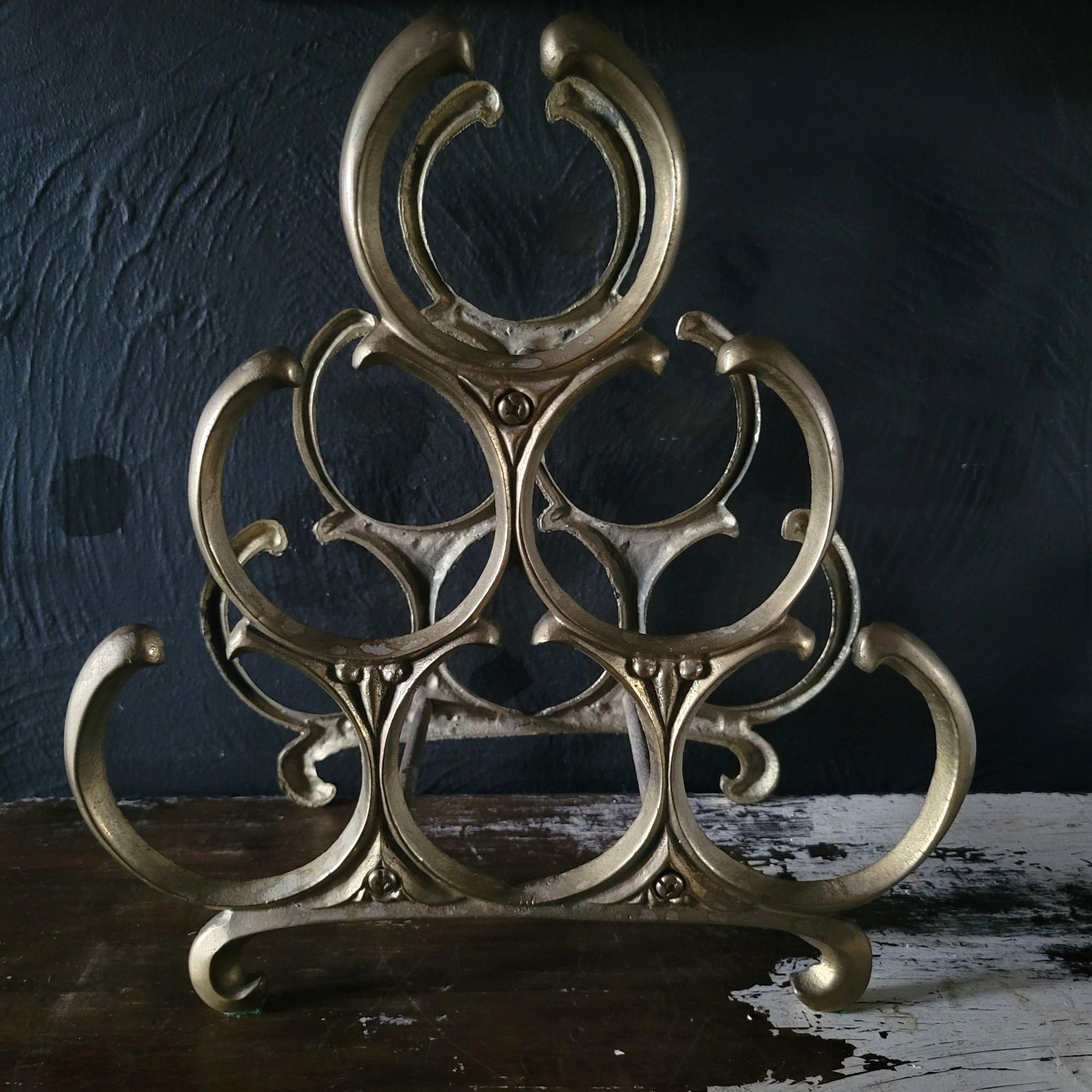 Vintage 6-Bottle Tabletop Brass Wine Rack With Ornate Circular Ring Holders