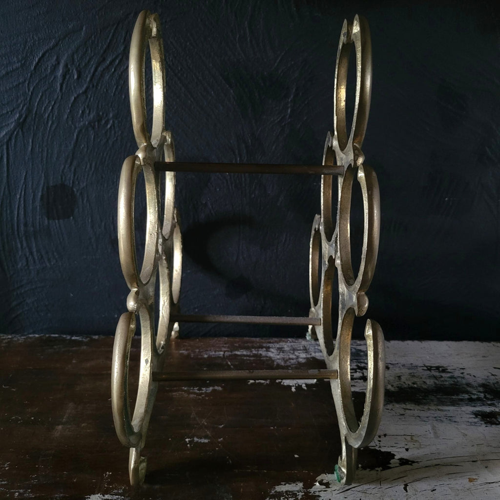 Vintage 6-Bottle Tabletop Brass Wine Rack With Ornate Circular Ring Holders