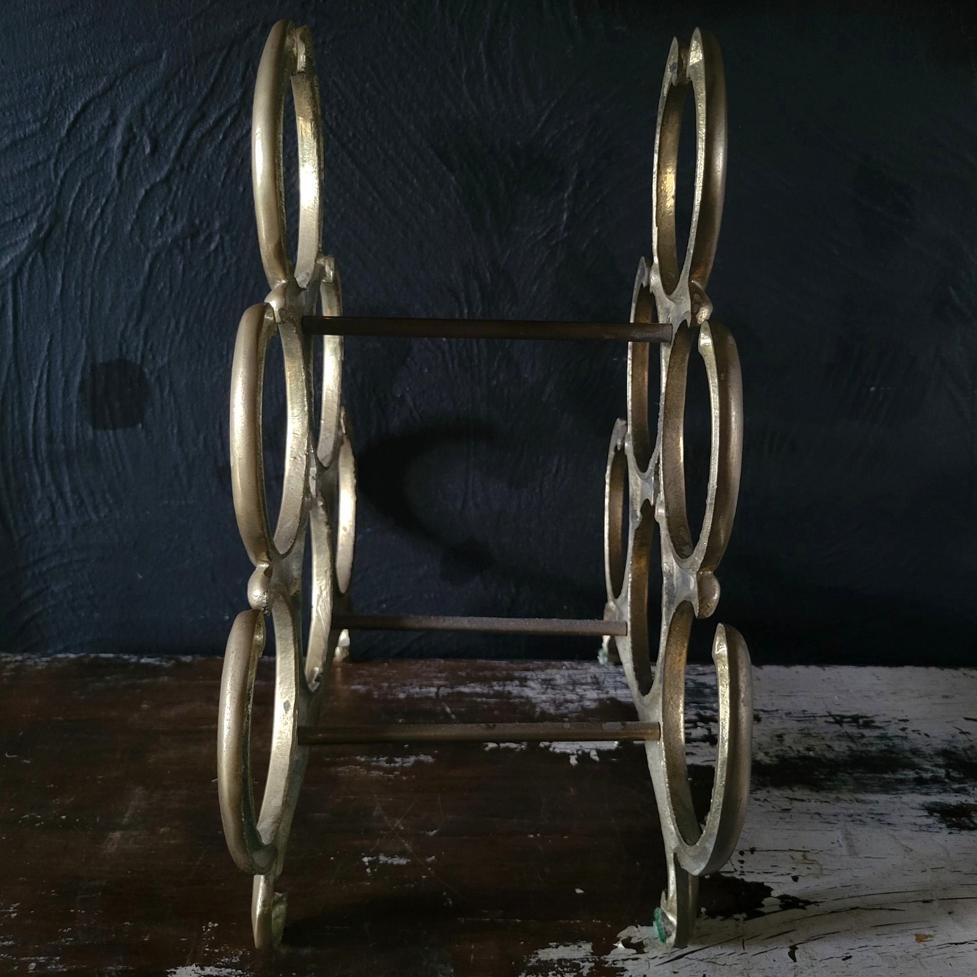Vintage 6-Bottle Tabletop Brass Wine Rack With Ornate Circular Ring Holders