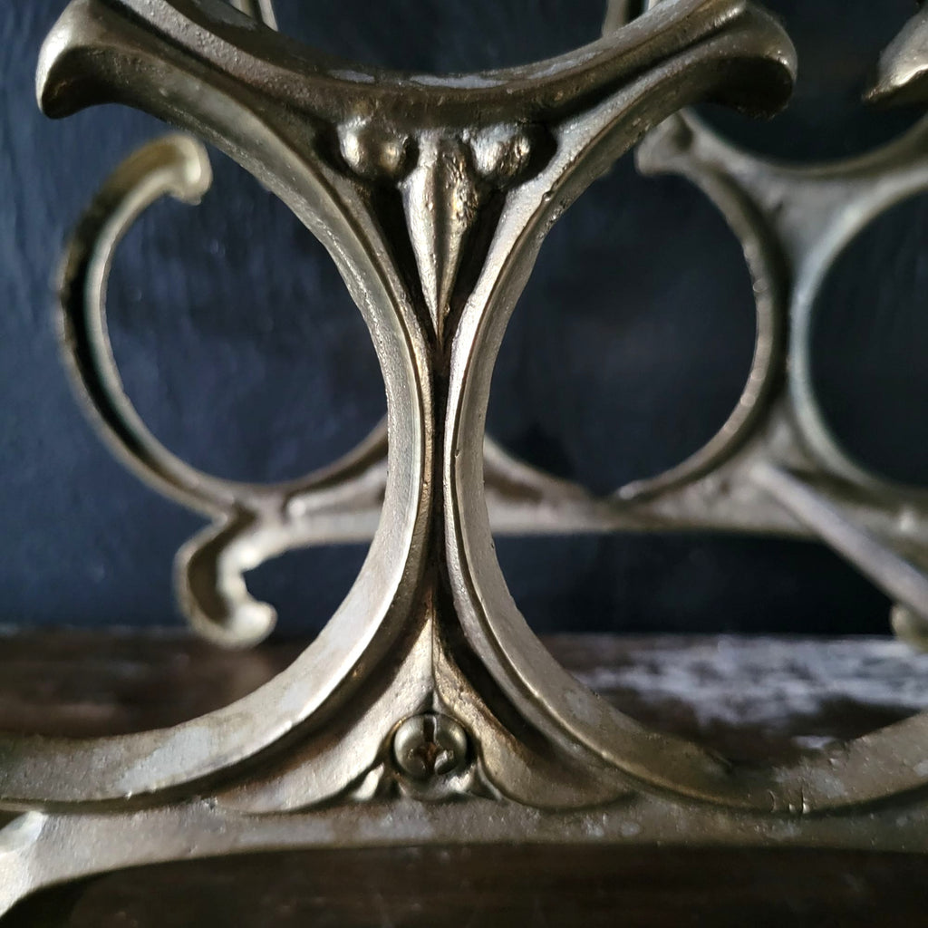 Vintage 6-Bottle Tabletop Brass Wine Rack With Ornate Circular Ring Holders