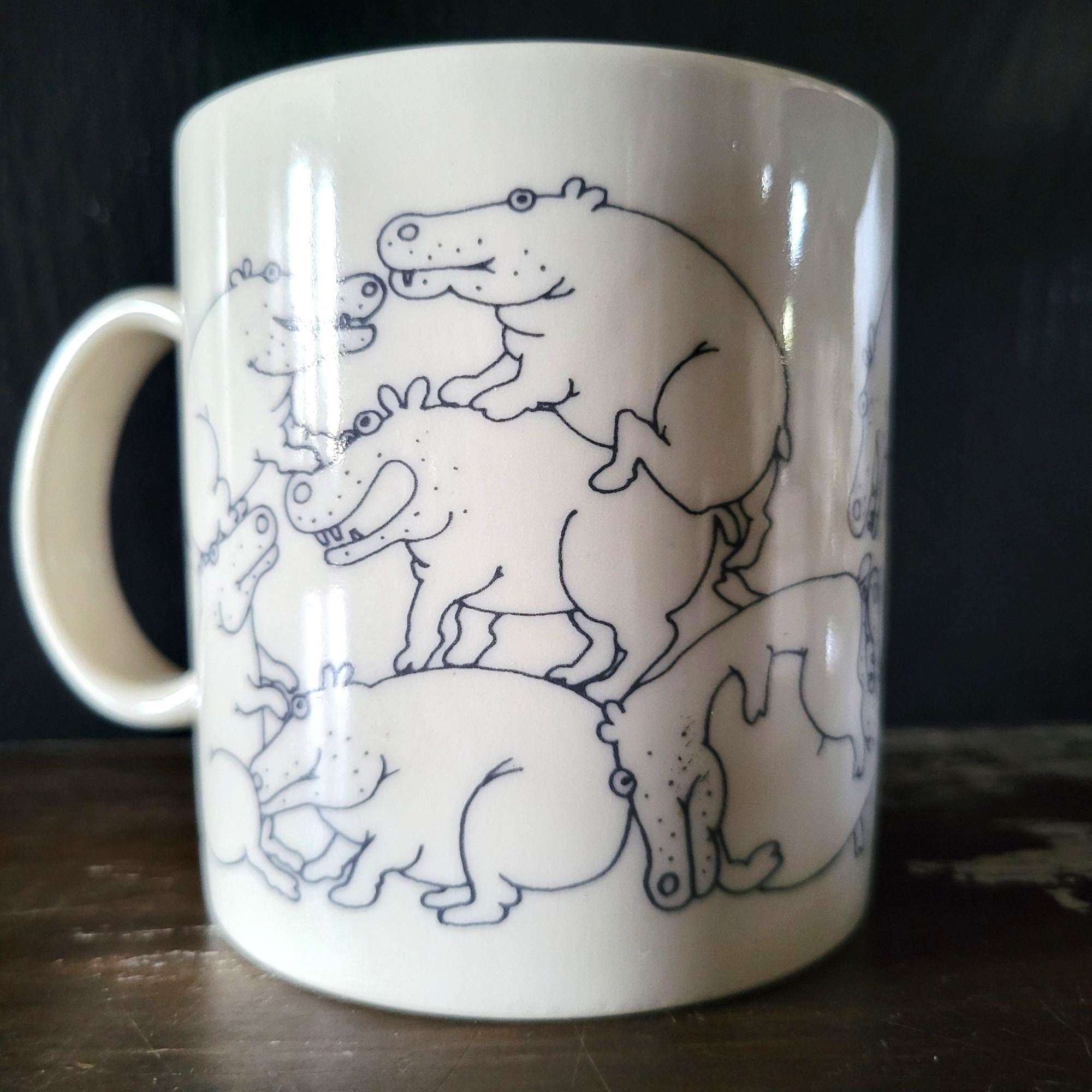 Taylor & Ng Naughty Hippos Mug White & Black Vintage 1970s Coffee Cup *Read