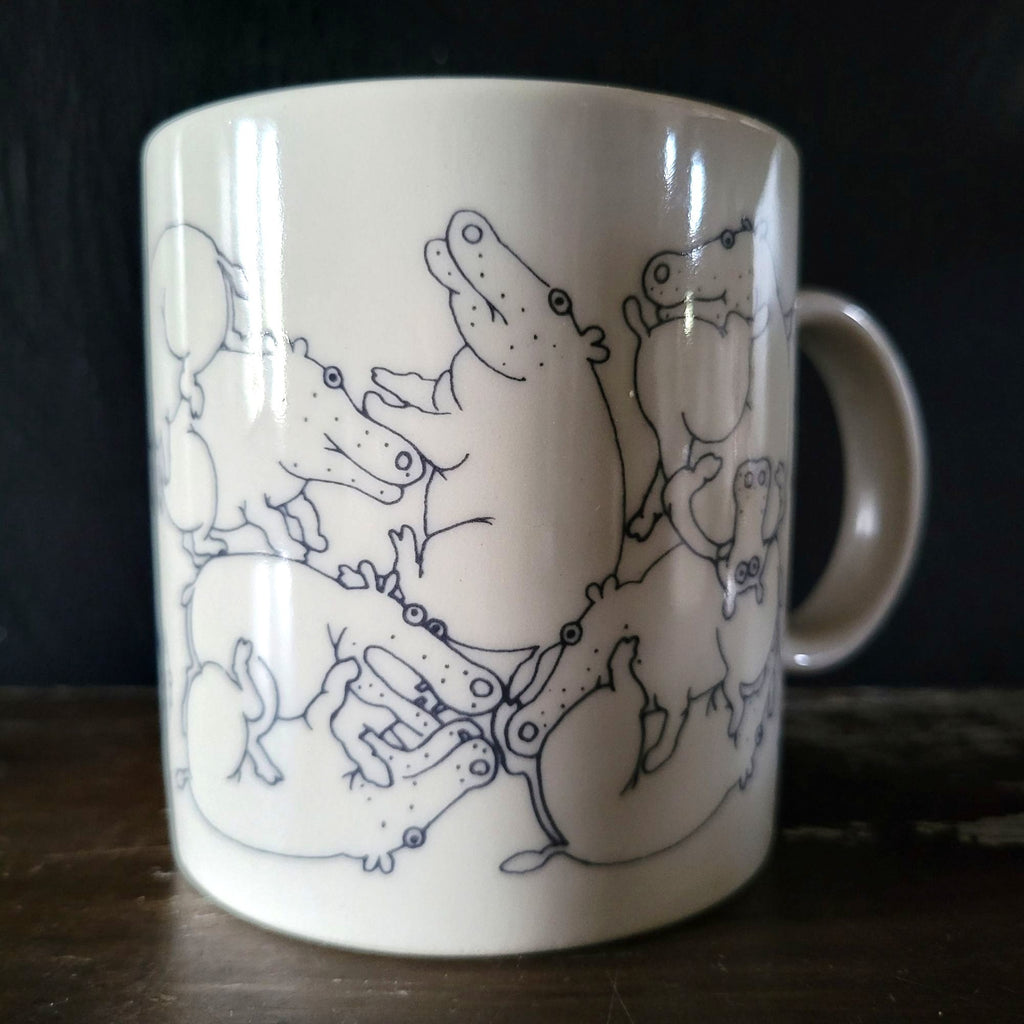 Taylor & Ng Naughty Hippos Mug White & Black Vintage 1970s Coffee Cup *Read