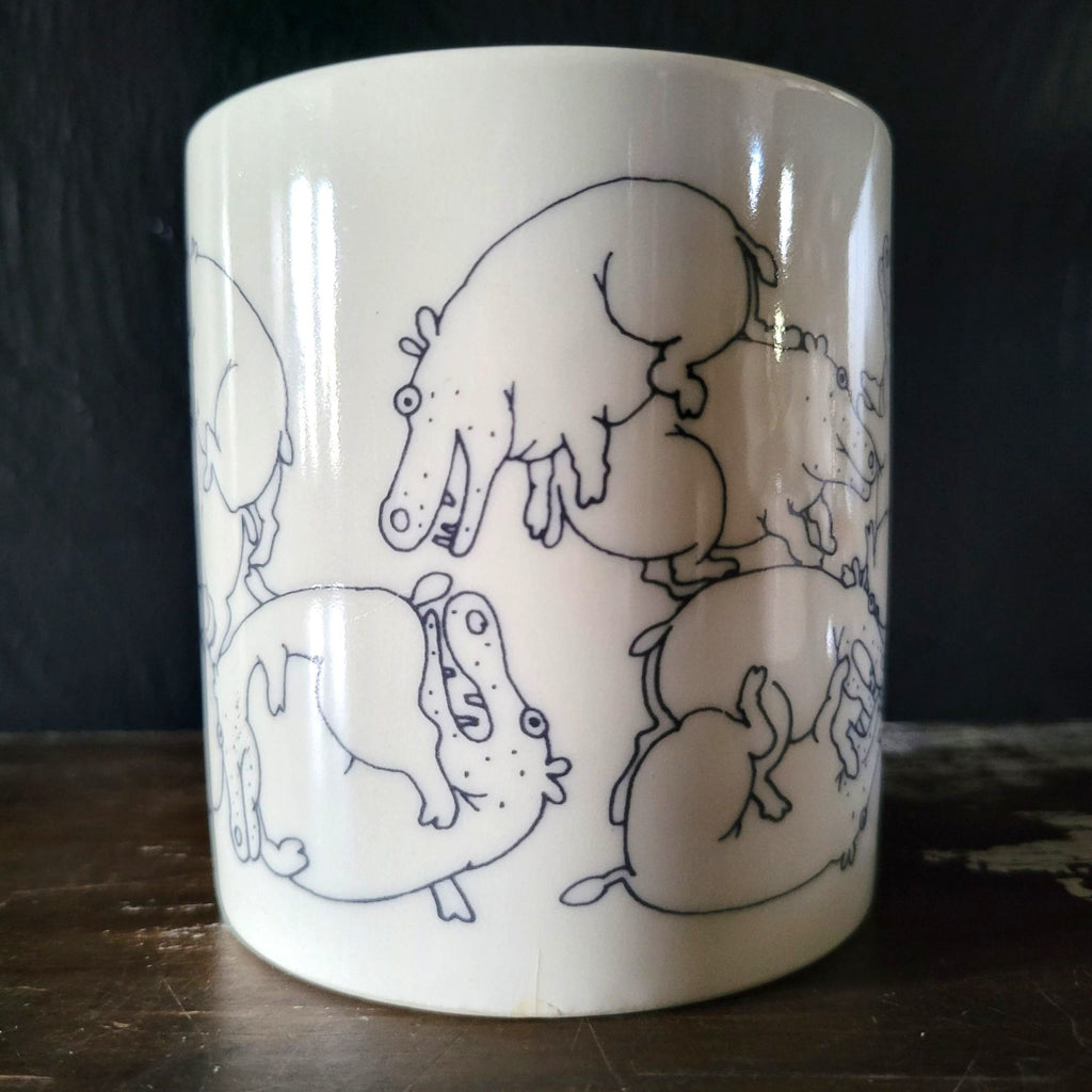Taylor & Ng Naughty Hippos Mug White & Black Vintage 1970s Coffee Cup *Read