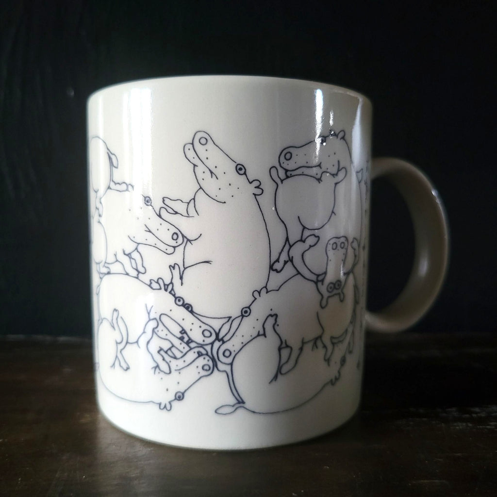 Taylor & Ng Naughty Hippos Mug White & Black Vintage 1970s Coffee Cup *Read