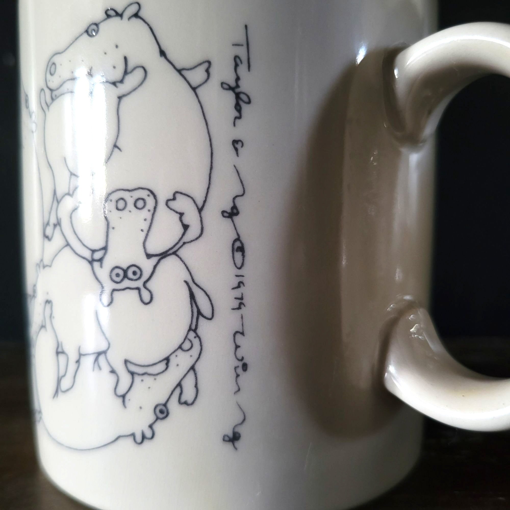 Taylor & Ng Naughty Hippos Mug White & Black Vintage 1970s Coffee Cup *Read