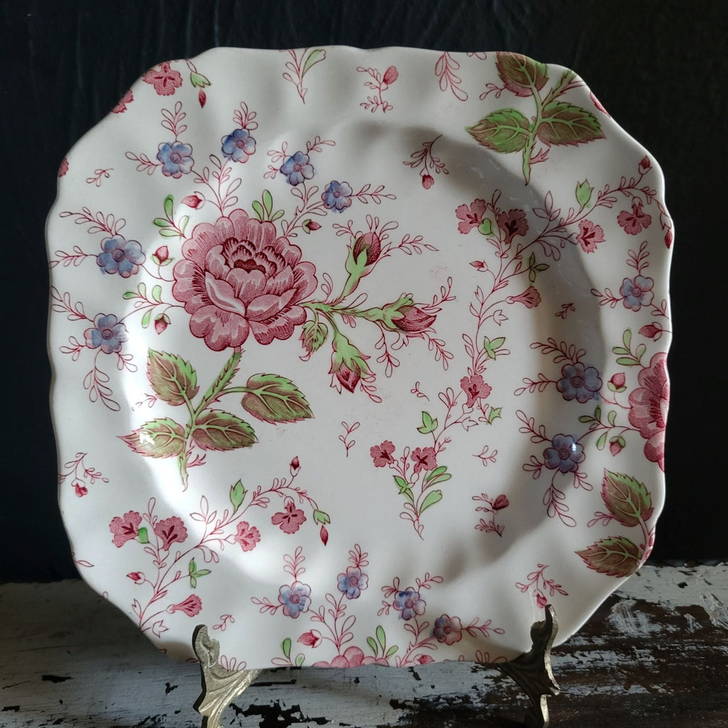 Vtg Johnson Brothers Rose Chintz Square Salad Plate Pink Backstamp *Chip