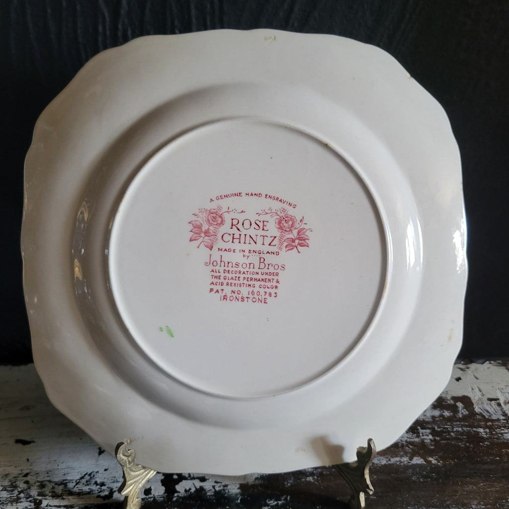Vtg Johnson Brothers Rose Chintz Square Salad Plate Pink Backstamp *Chip