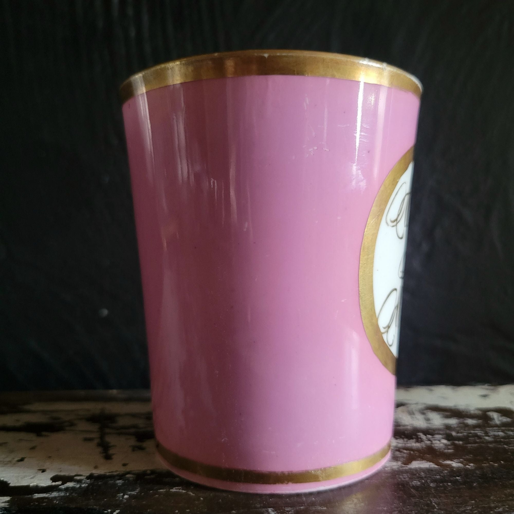 Victorian Pink Porcelain Souvenir Cup Gold Trim "A Present From A Friend"