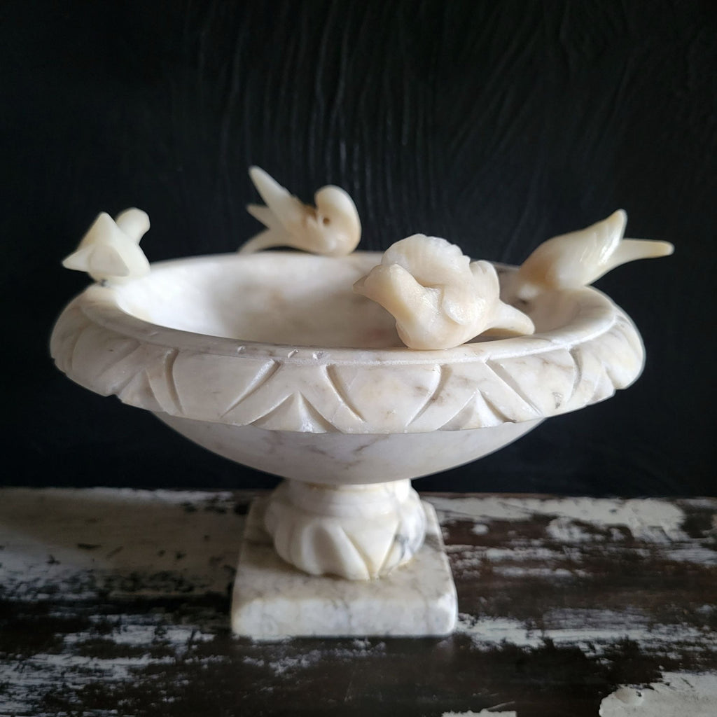 Large Italian Alabaster Bird Bath Compote w/ Carved Birds 8.25" Wide 4.85" Tall