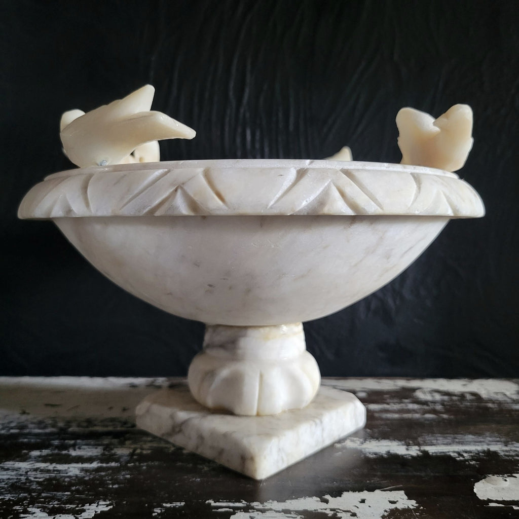 Large Italian Alabaster Bird Bath Compote w/ Carved Birds 8.25" Wide 4.85" Tall