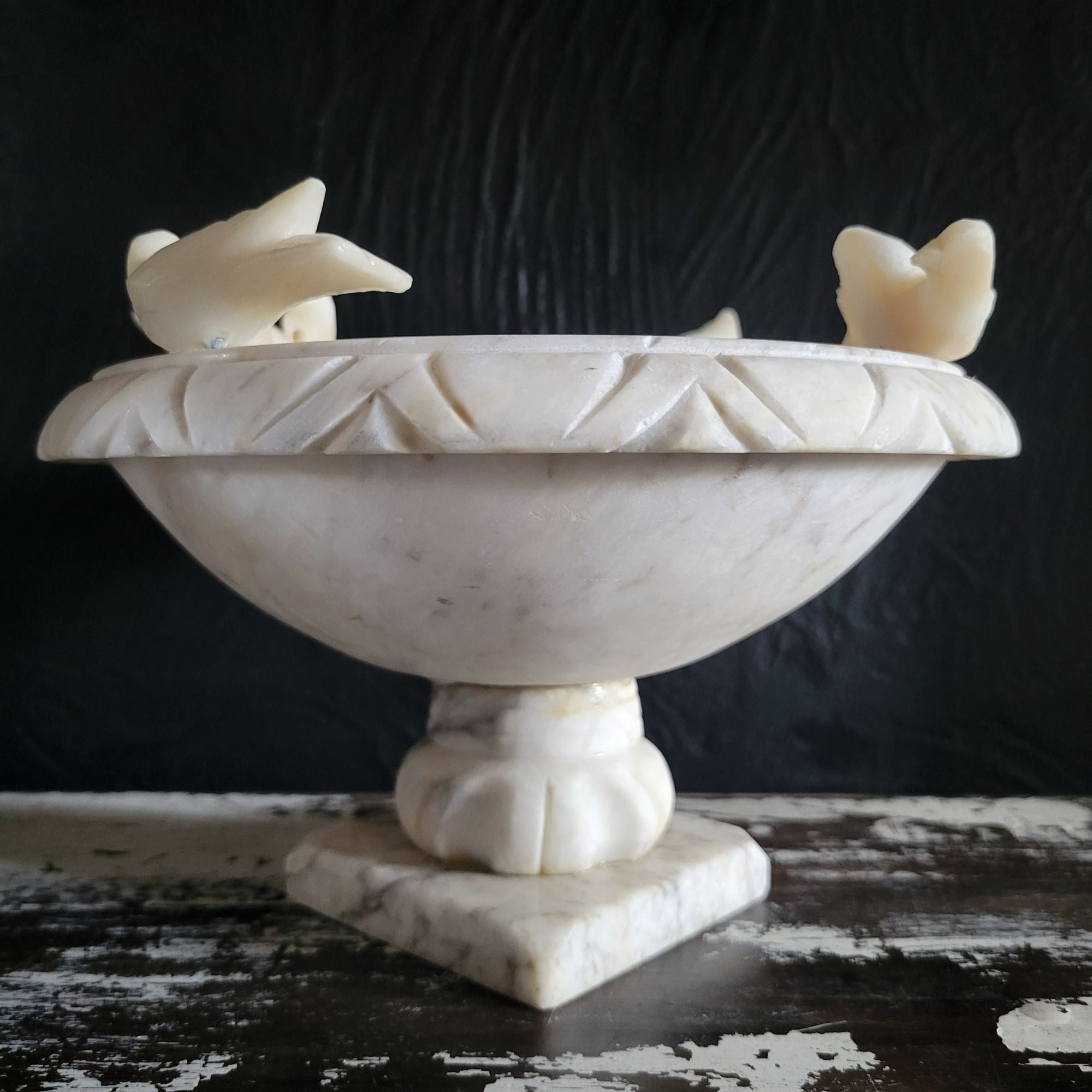 Large Italian Alabaster Bird Bath Compote w/ Carved Birds 8.25" Wide 4.85" Tall