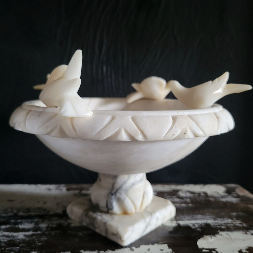 Large Italian Alabaster Bird Bath Compote w/ Carved Birds 8.25" Wide 4.85" Tall