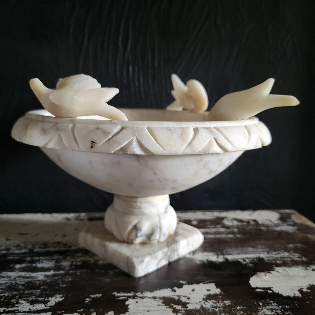 Large Italian Alabaster Bird Bath Compote w/ Carved Birds 8.25" Wide 4.85" Tall