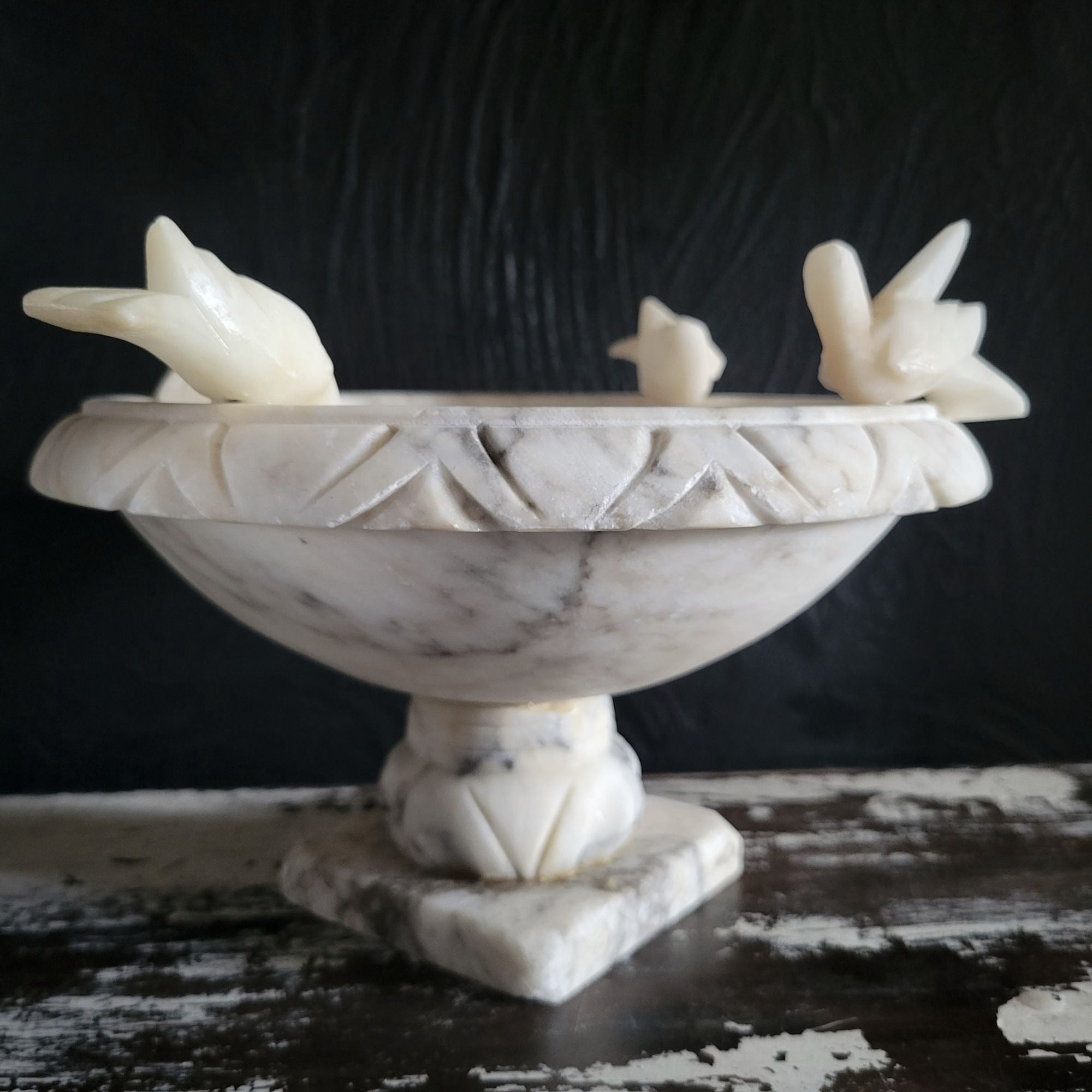 Large Italian Alabaster Bird Bath Compote w/ Carved Birds 8.25" Wide 4.85" Tall