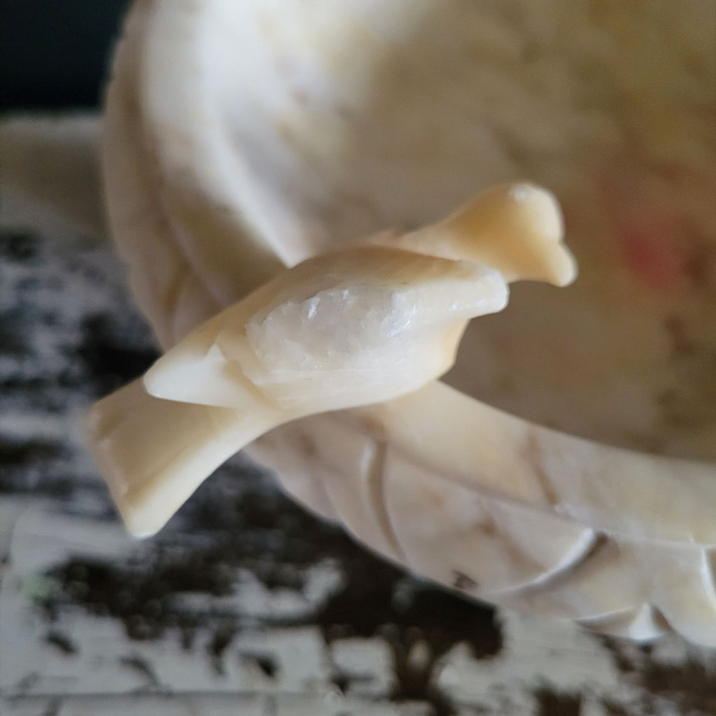 Large Italian Alabaster Bird Bath Compote w/ Carved Birds 8.25" Wide 4.85" Tall