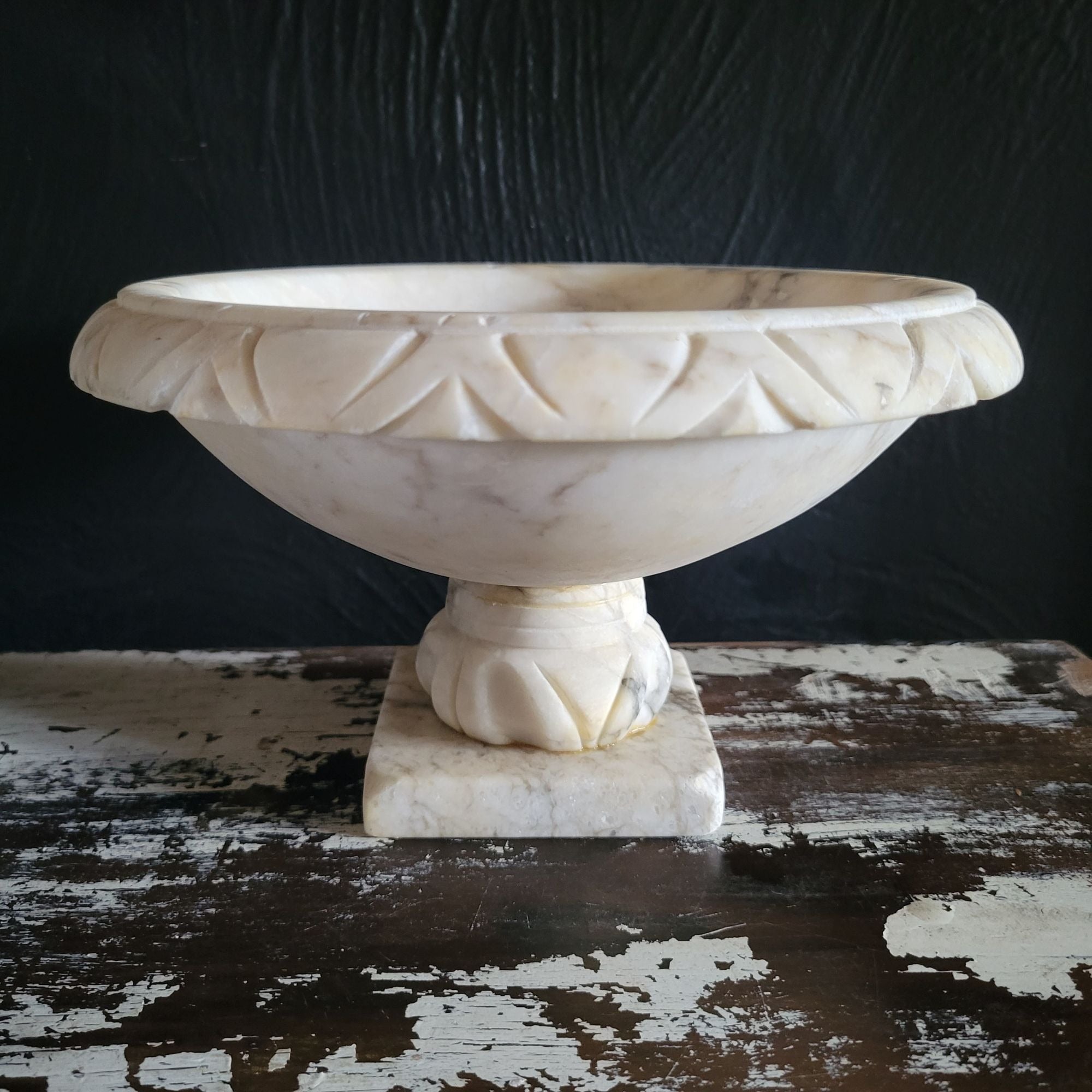 Large Italian Alabaster Bird Bath Compote w/ Carved Birds 8.25" Wide 4.85" Tall