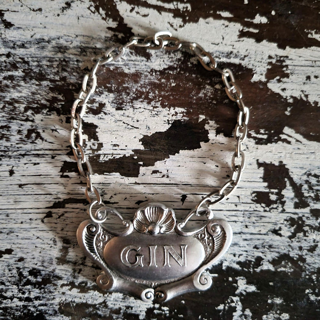 Vintage Pewter Gin Decanter Label With Chain Made In Italy Elegant Barware