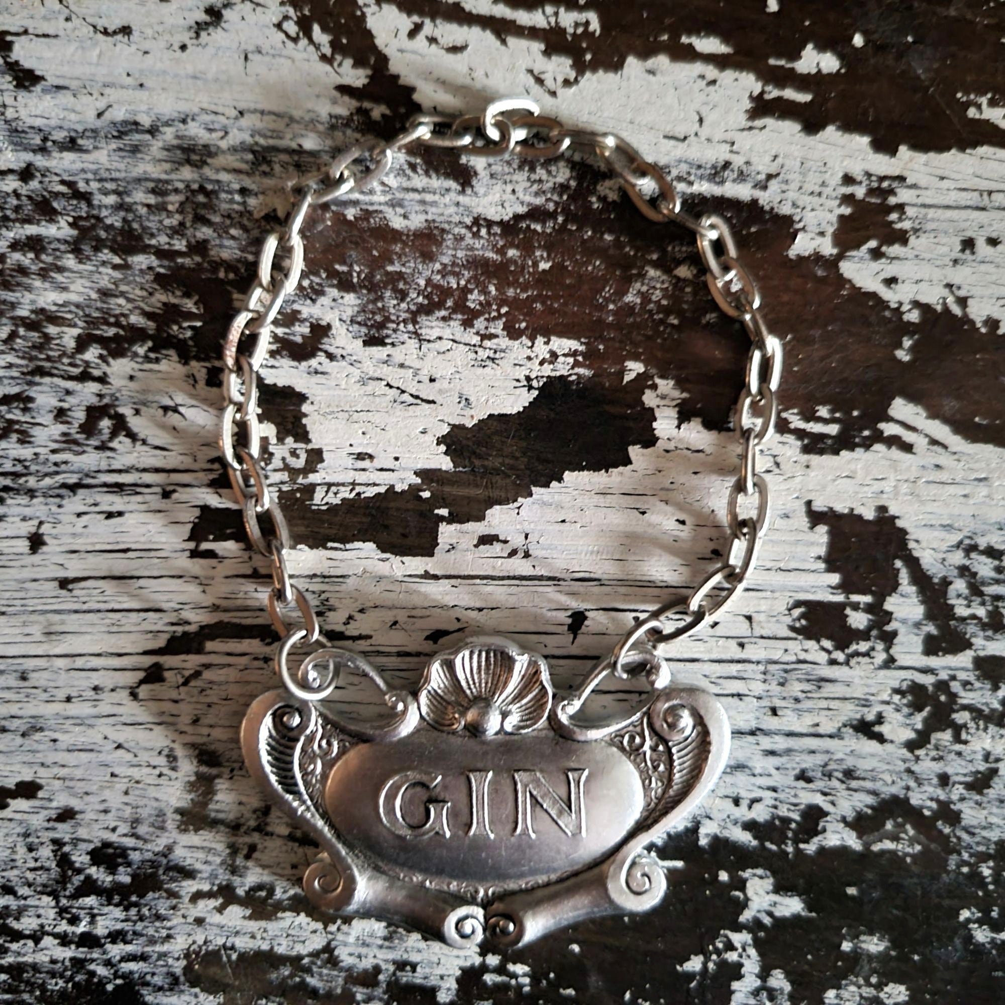 Vintage Pewter Gin Decanter Label With Chain Made In Italy Elegant Barware