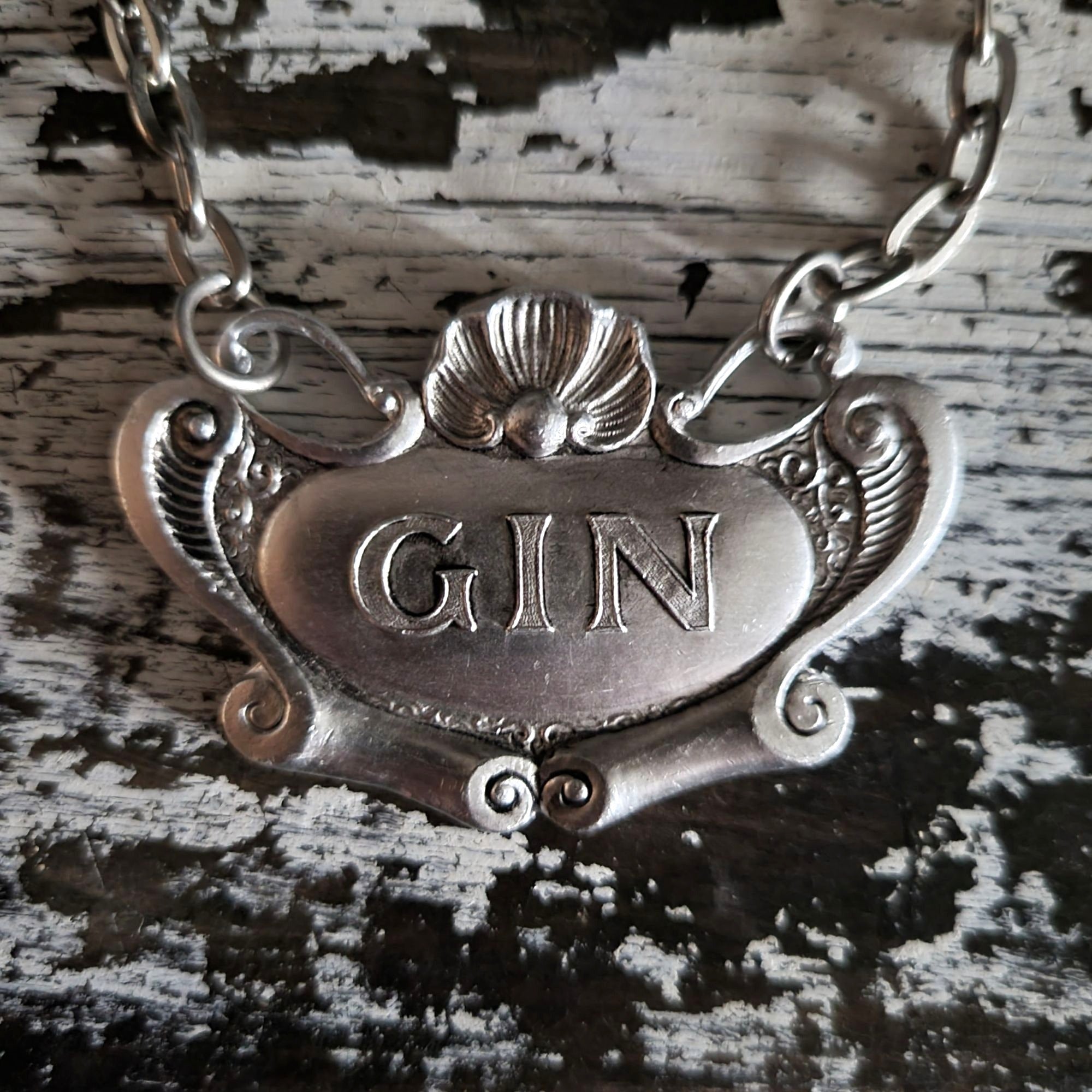 Vintage Pewter Gin Decanter Label With Chain Made In Italy Elegant Barware