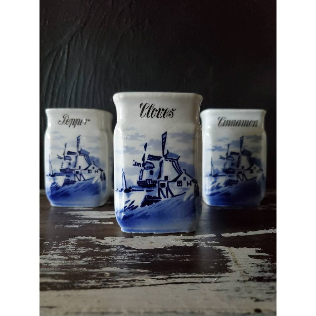 Vtg Blue and White German Windmill Spice Jars: Cinnamon, Cloves, Pepper NO LIDS