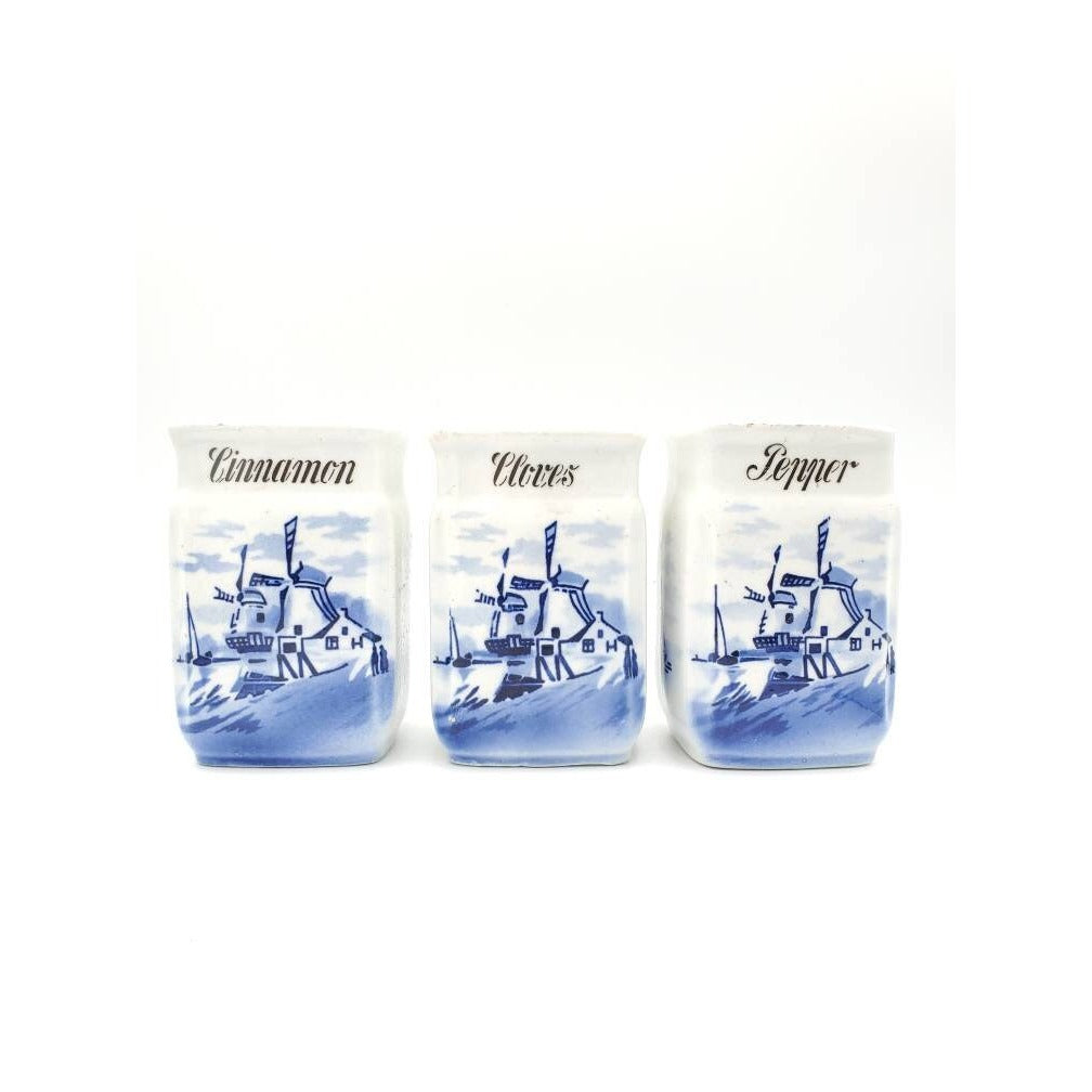 Vtg Blue and White German Windmill Spice Jars: Cinnamon, Cloves, Pepper NO LIDS
