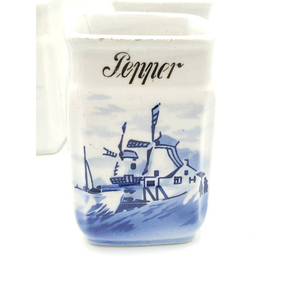 Vtg Blue and White German Windmill Spice Jars: Cinnamon, Cloves, Pepper NO LIDS
