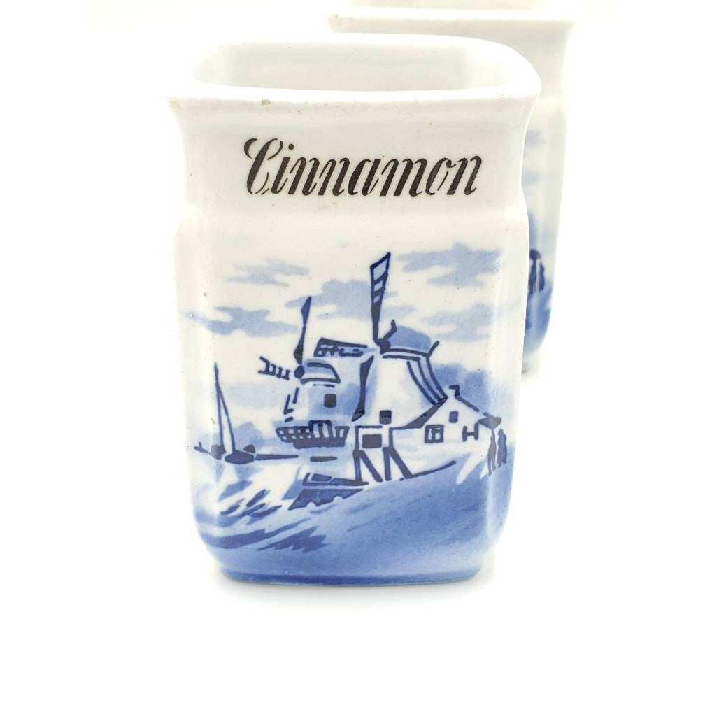 Vtg Blue and White German Windmill Spice Jars: Cinnamon, Cloves, Pepper NO LIDS
