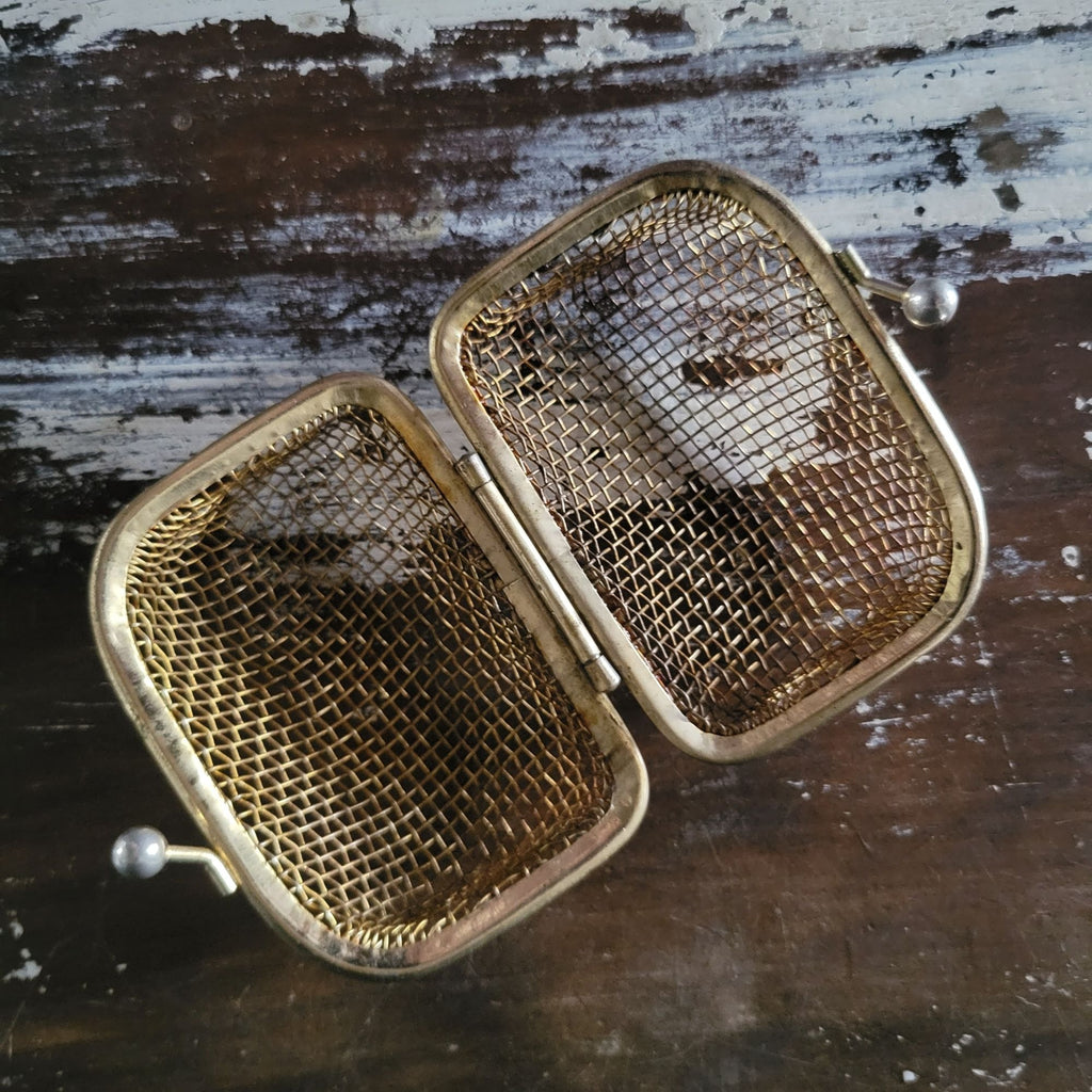 Gold Tone Mini Metal Wire Mesh Hinged Coin Purse Vtg Change Purse Cage Wallet