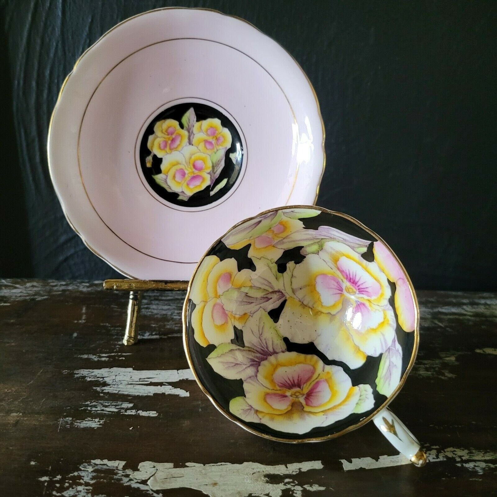 Paragon Double Warrant Pink Teacup & Saucer Duo with Hand-Painted Pansies c1940s