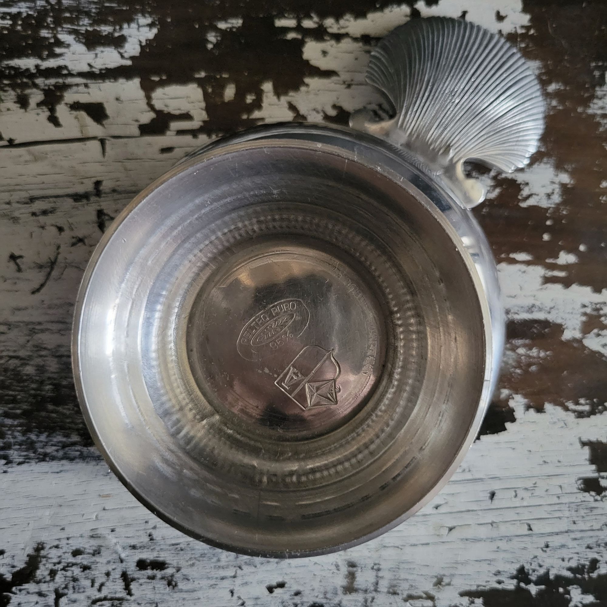 Vtg Peltro 95 Italian Pewter Bowl with Pedestal Base Ornate Shell Handle