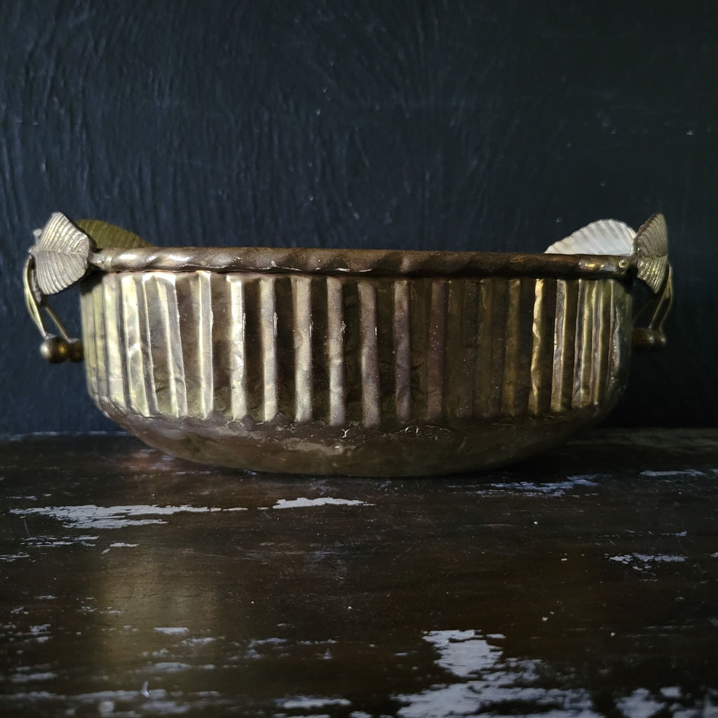 Vtg Hammered Brass Bowl / Dish with Brass Cherry Handles, Brass Planter