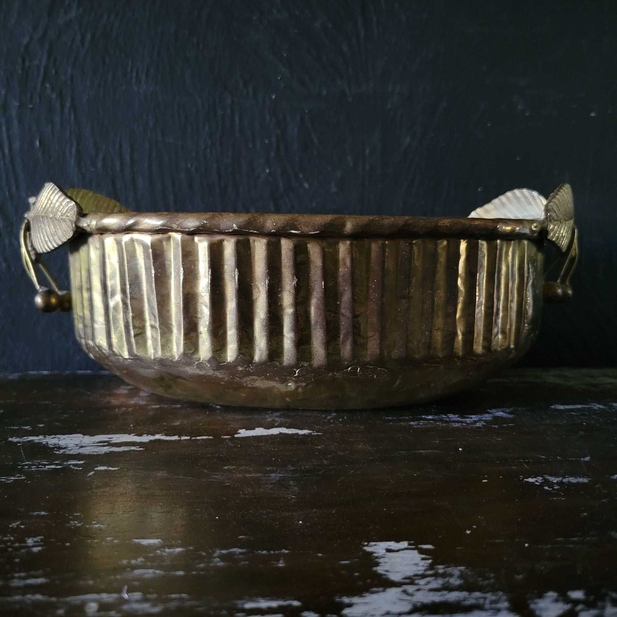 Vtg Hammered Brass Bowl / Dish with Brass Cherry Handles, Brass Planter