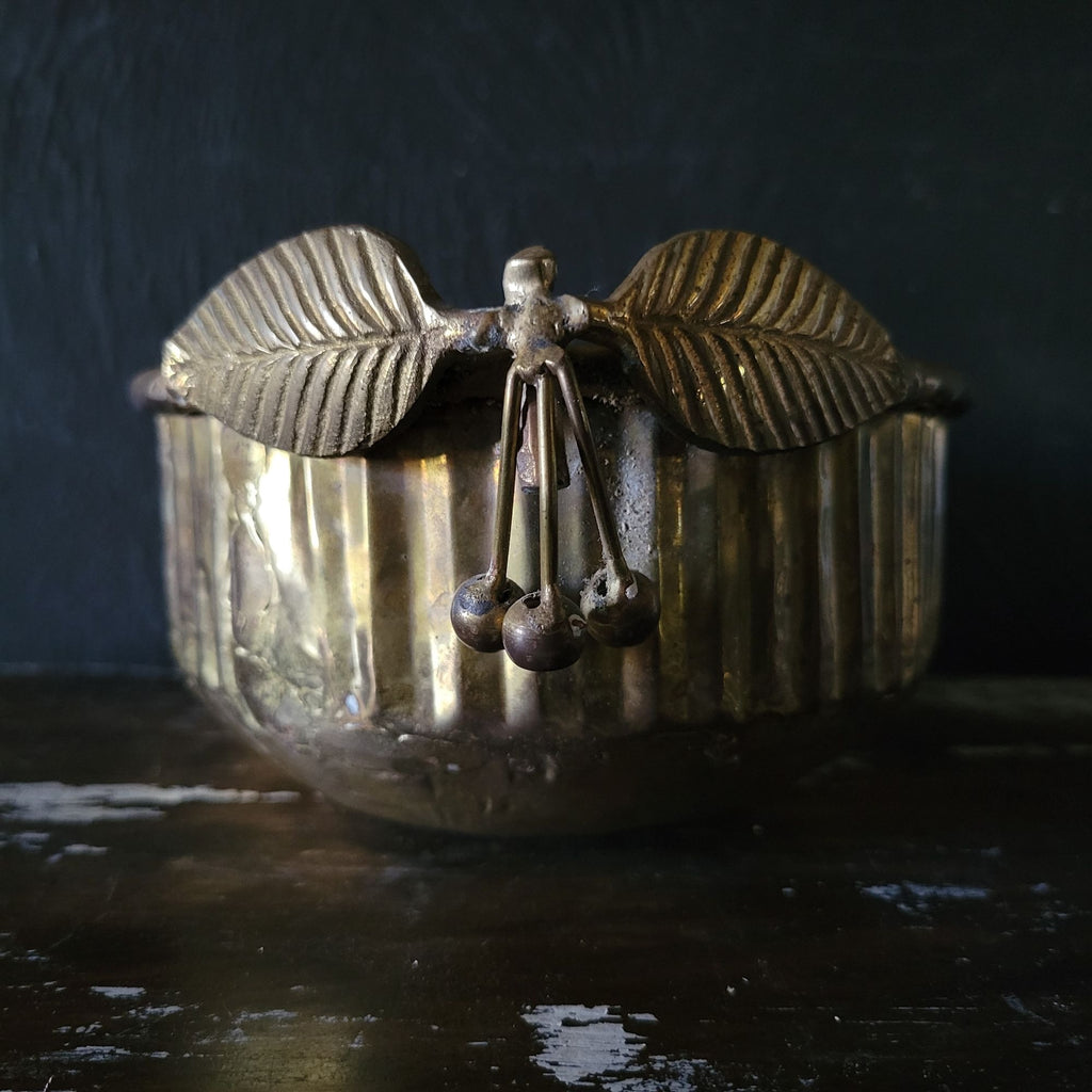 Vtg Hammered Brass Bowl / Dish with Brass Cherry Handles, Brass Planter