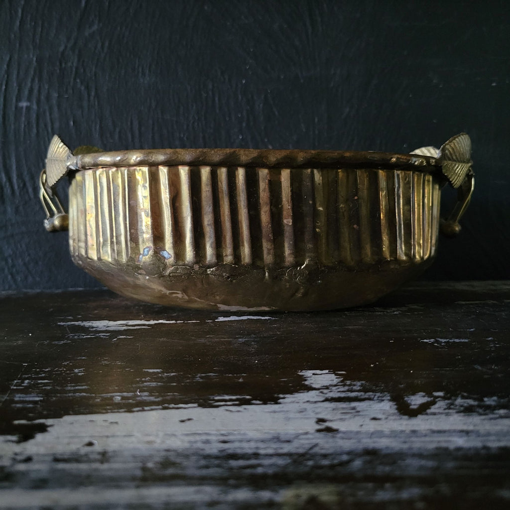 Vtg Hammered Brass Bowl / Dish with Brass Cherry Handles, Brass Planter