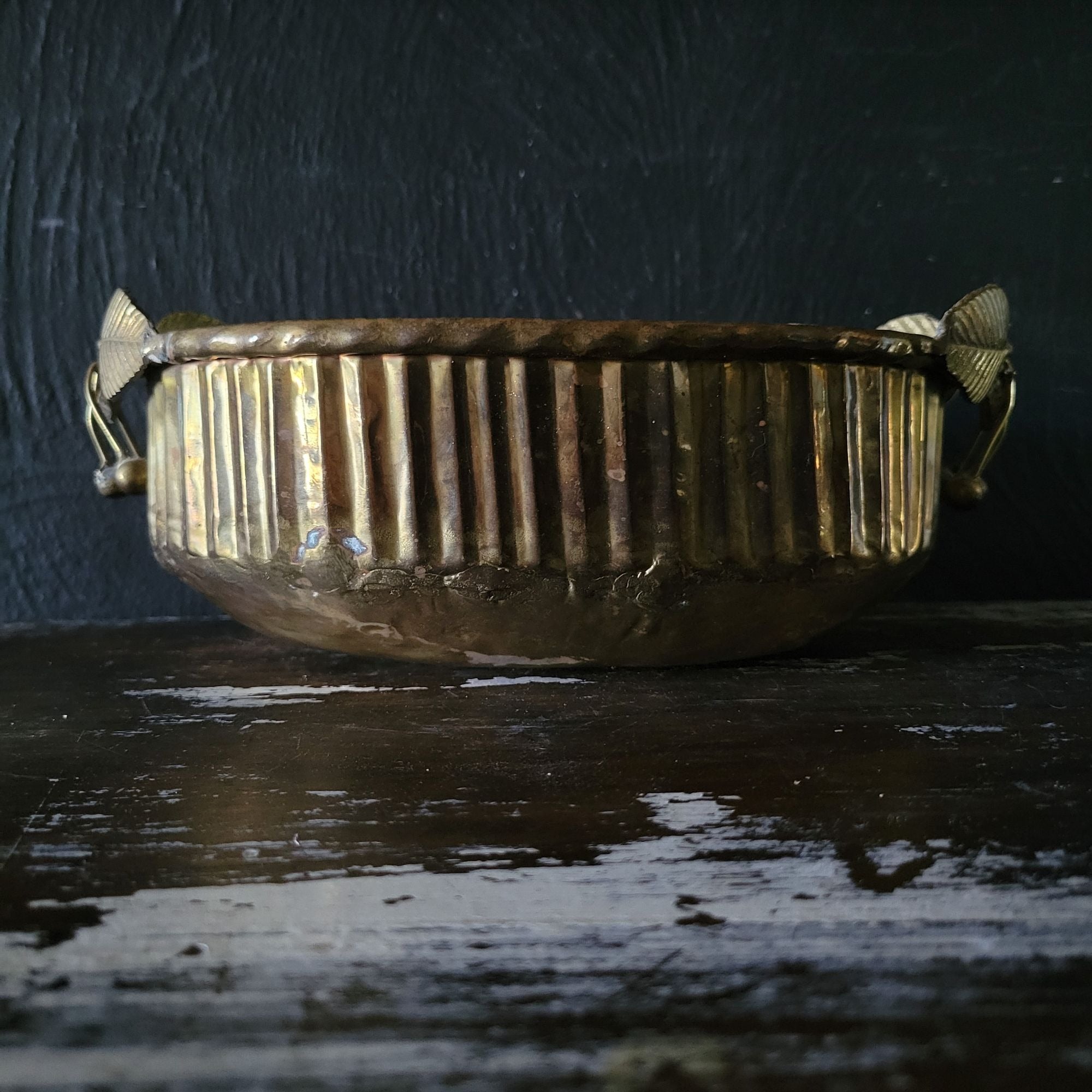 Vtg Hammered Brass Bowl / Dish with Brass Cherry Handles, Brass Planter
