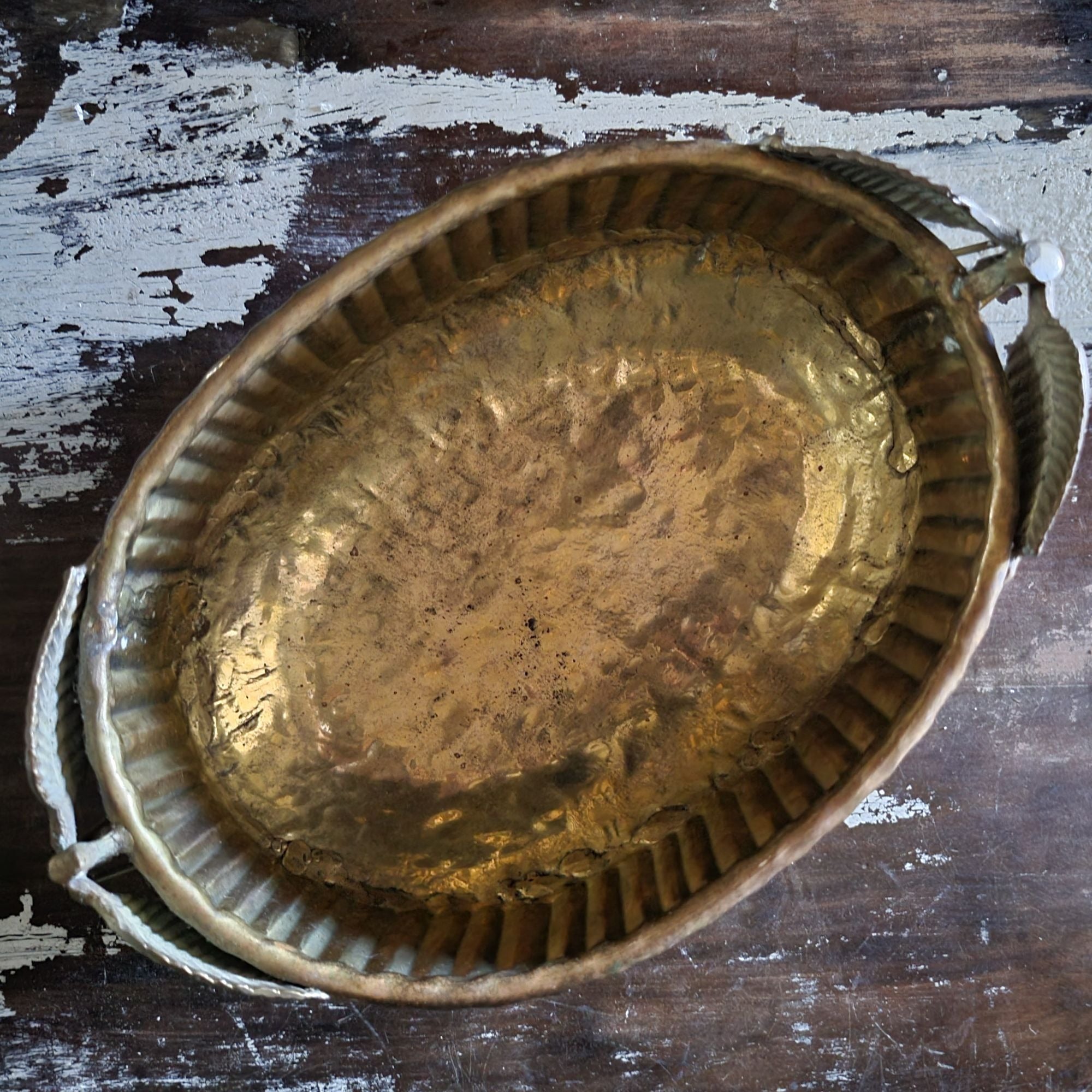 Vtg Hammered Brass Bowl / Dish with Brass Cherry Handles, Brass Planter