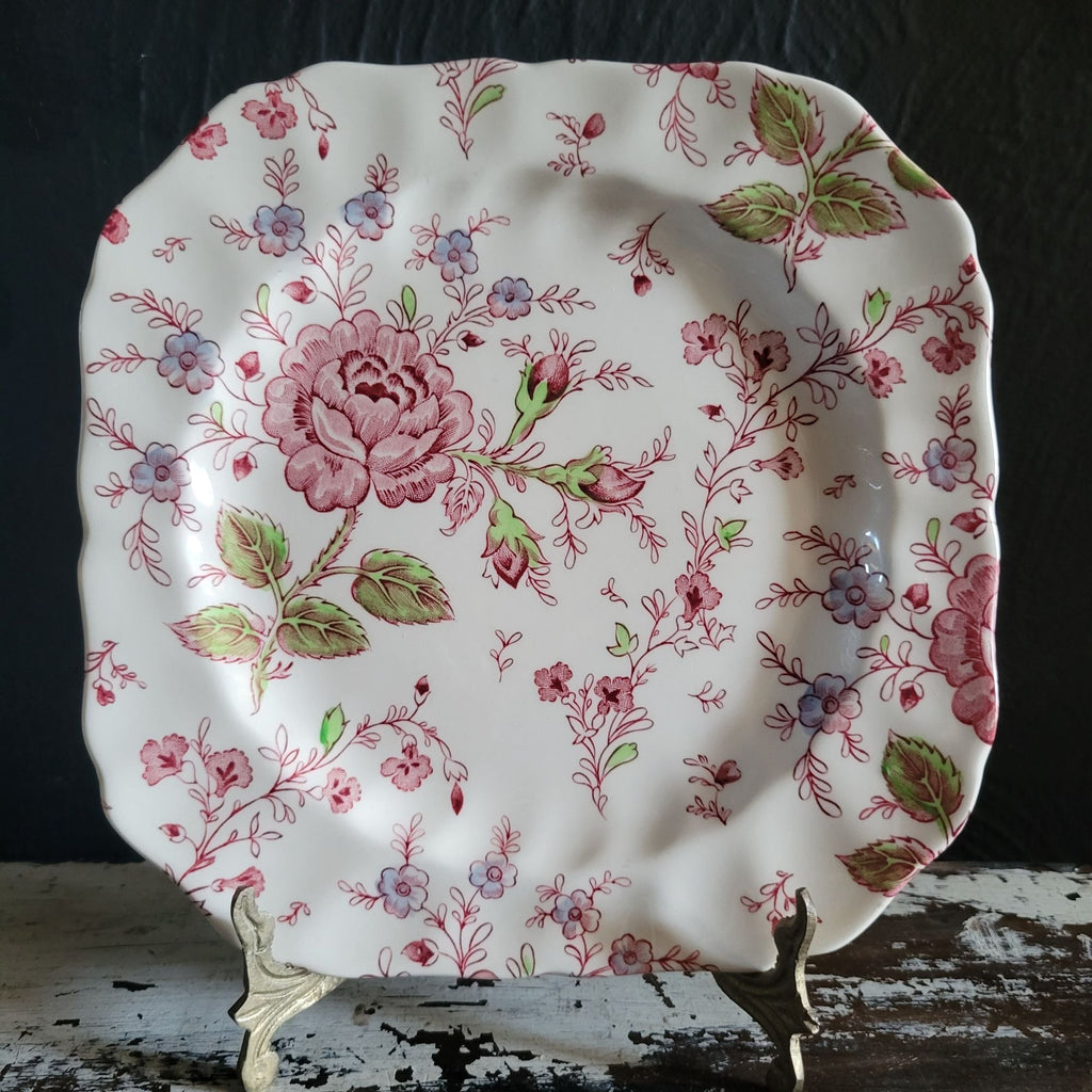 Vintage Johnson Brothers Rose Chintz Pink Square Plate Black Backstamp Ironstone