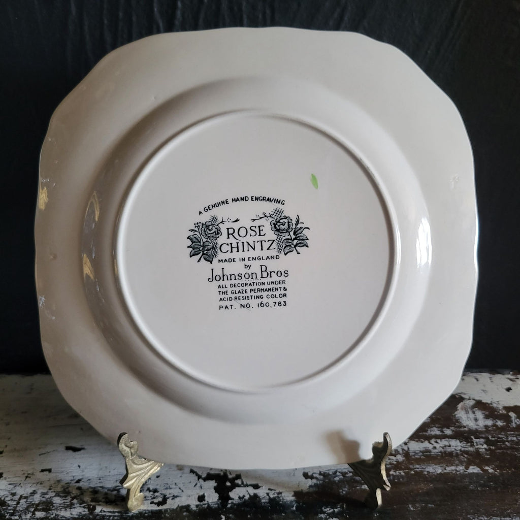 Vintage Johnson Brothers Rose Chintz Pink Square Plate Black Backstamp Ironstone