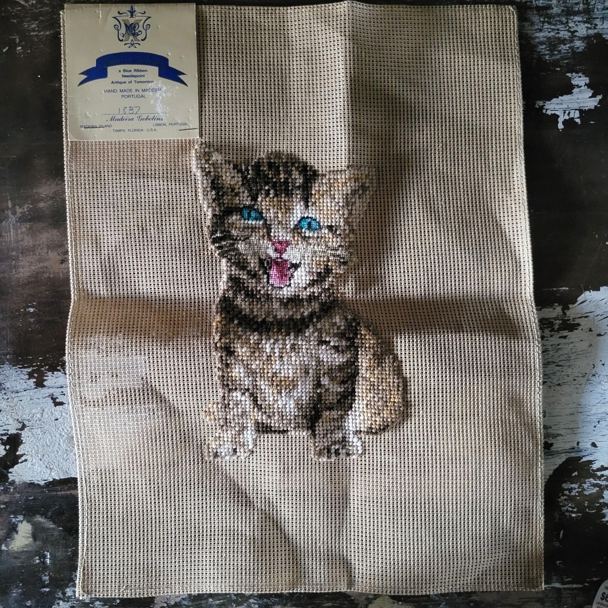 Vintage NWT Madeira Gobelins Cat Kitten Needlepoint Tapestry Canvas Portugal